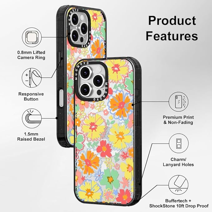 MOSNOVO Magnetic Case for iPhone 16 Pro Max, 10ft Military-Grade Protection, Compatible with Magsafe, Shockproof Phone Case for iPhone 16 Pro Max - Retro Boho Hippie Flowers - Clear Black