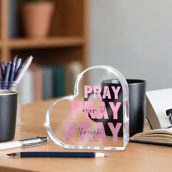 Pink Christian Gifts for Women, Pink Bedroom Decor, Pray on it Pray over it Pray through it Acrylic Sign Decorative for Home Pastor Farmhouse Living Room Church Table Desk bookshelf Decoration