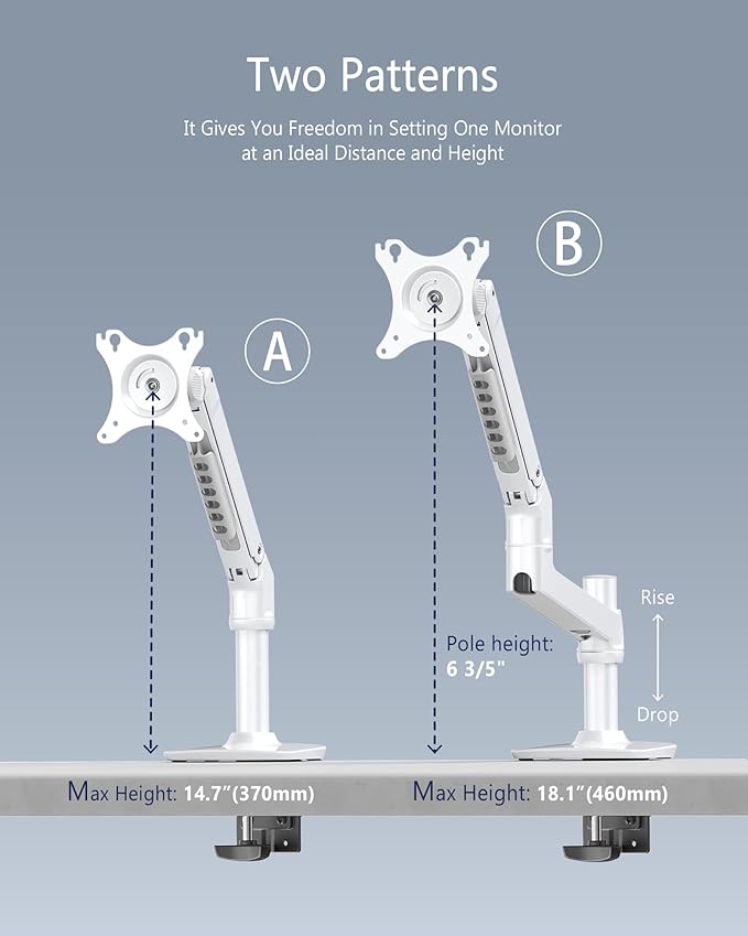 Single Monitor Arm Desk Mount, Holds Screens up to 40 Inches and 25 lbs, Fully Adjustable Vesa Monitor Mount with C-Clamp and Grommet Base, Aluminum, White