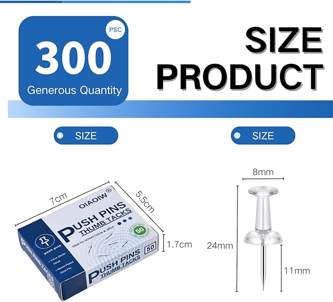 300pcs Clear Push pins for Bulletin Board Thumb Tacks for Walls pushpins Wall pins