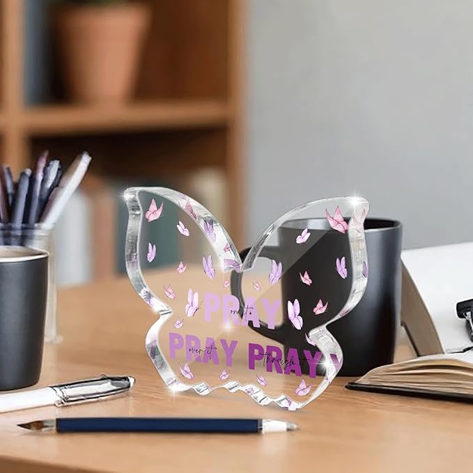 Purple Religious Plaques Christian Woman Decor Gifts, Purple Christian Gifts for Women, Modern Home Office Room Bathroom Bedroom -Pray On It Pray Over It -Bible Verse Acrylic Sign(Butterfly)