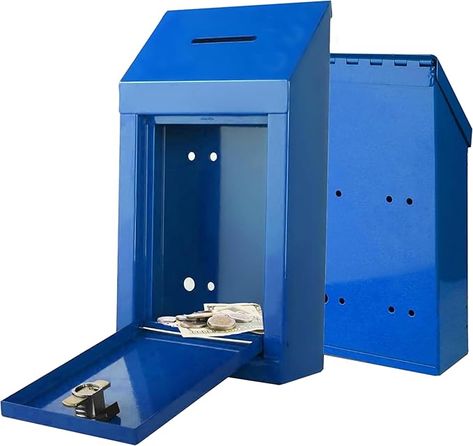 Metal Donation Box-Suggestion Box with Slot and lock-Cash Lock box for Money-Secure Drop Box-Comment and ballot voting box-comes with pre-drilled holes for easy wall mounting 10 X 6 X 2.5"(Blue)