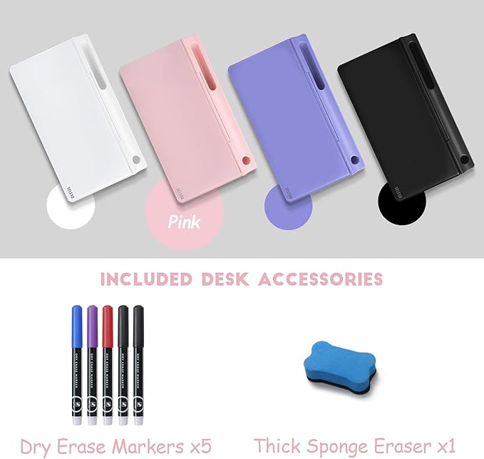 SELEAD Desktop Glass Whiteboard with Storage, Small Dry Erase White Board Computer Pad Keyboard Stand for Home, School, Office Desk Accessories - Pink
