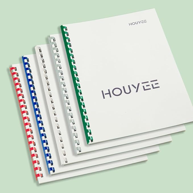 HOUYEE 19 Ring Plastic Binding Comb,1/2 Inch Diameter,75 Sheet Capacity,Letter Size, Multi-Color Binding Comb Spines, 50 Pack,White, Red,Green,Clear,Blue