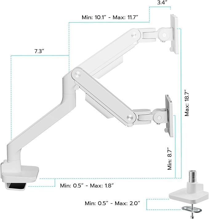 ARES WING Ultrawide Monitor Arm White for 17 to 49 Inch Heavy Duty Curved Screen, Holds 44 Lbs, Adjustable Gas Spring Monitor Arm Desk Mount with C Clamp, Grommet Base, 75/100 Vesa Mount