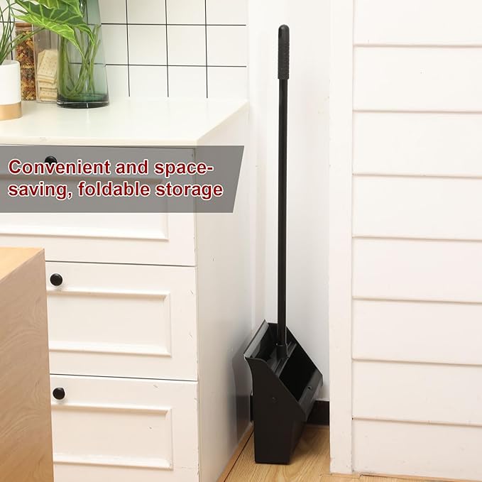 Leumoi 8 Pcs Dust Pans with Long Handle Set 36.6 Inch Commercial Dust Pan with Comb Large Plastic Stand up DustPans for Outdoor Indoor Restaurant Home Office Floor Cleaning (Black)