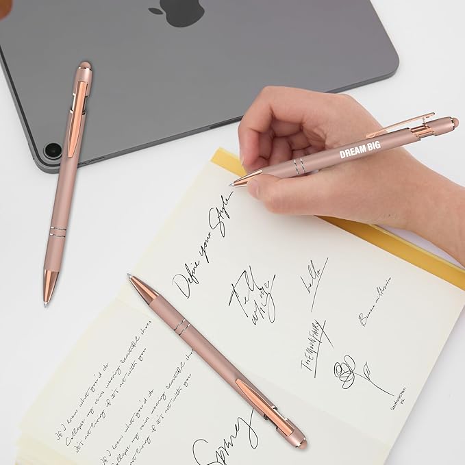 Funny Pens, 12 Pcs Rose Gold Fine Point Smooth Writing Pens, Inspirational Stylus Ballpoint Pens with Screens Touch Stylus Tips, Black Ink 1.0 Mm Gift Office Desk Accessories