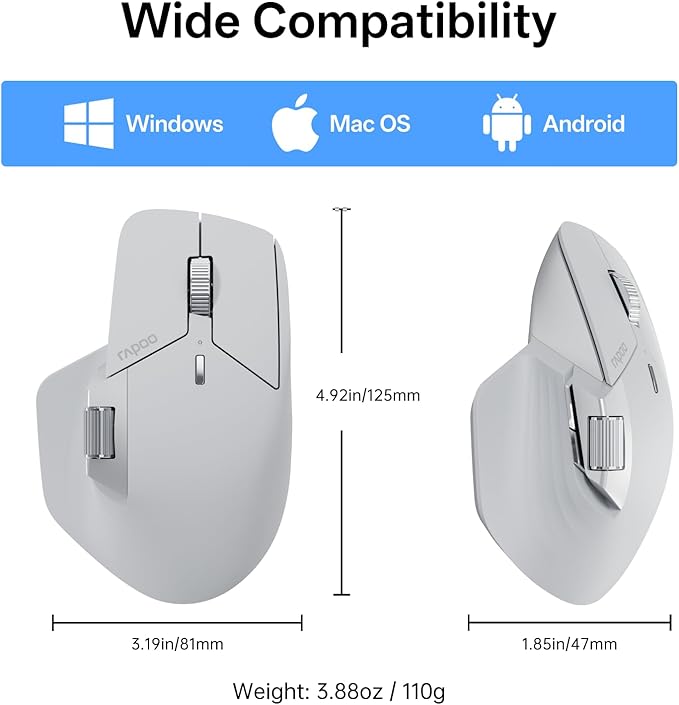 Rapoo MT760 PRO Wireless Mouse, NearLink + Bluetooth 5.0 Multi-Device, 12K DPI, 2K Polling, Ergo for Work & Gaming, 11 Programmable Buttons, On-Board Memory, Quiet Clicks, USB-C, 120 Days Battery Life