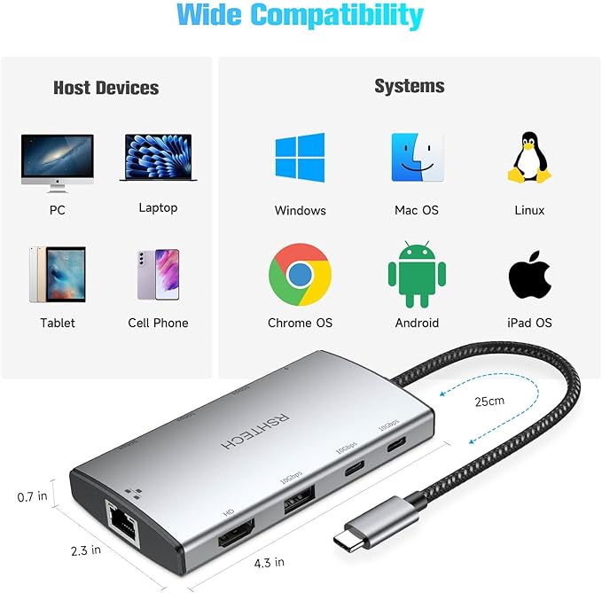 RSHTECH 9-in-1 USB C Hub Multiport Adapter with 4K HDMI, 10Gbps USB-3.2 Ports(2C + 1A), 3 USB-3.0 5Gbps Data Ports, 100W PD, Gigabit Ethernet, Aluminum USB-C Dongle for MacBook, Laptops and More