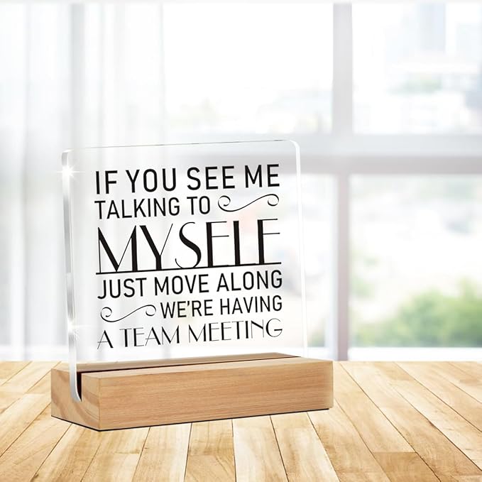 Funny Office Decor for Women, If You See Me Talking to Myself We're Having a Team Meeting Clear Desk Decorative Acrylic Sign With Wooden Stand for Desk Table Shelf