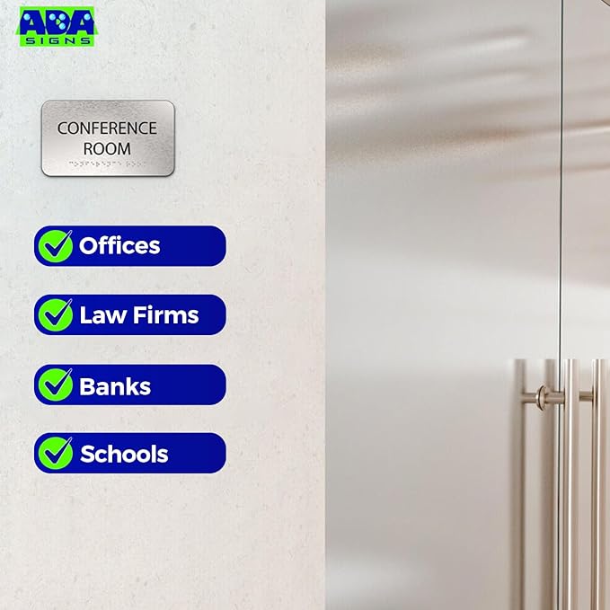 ADASigns Conference Room Sign 7" W x 4" H Durable Brushed Aluminum with Grade 2 Braille - Easy Installation with Double Sided Tape - ADA Compliant conference sign for Office, Universities & Businesses