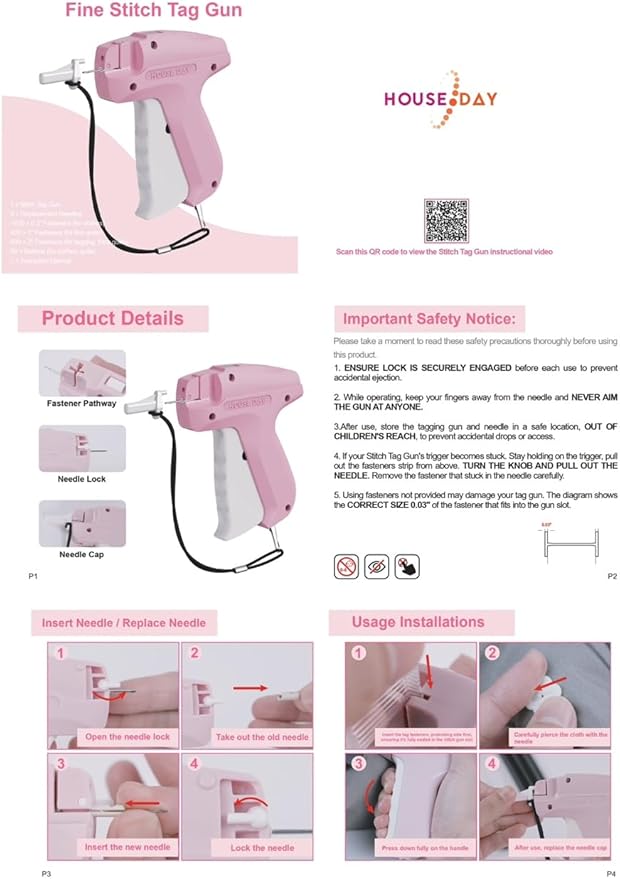 HOUSE DAY Stitchy Gun for Clothes, Fine Needle Stitch Gun Quick Clothing Fixer, Speedy Price Tagging Gun with 6 Fine Needles, 2200 Micro Thin Fasteners, 50 Buttons (Pink)