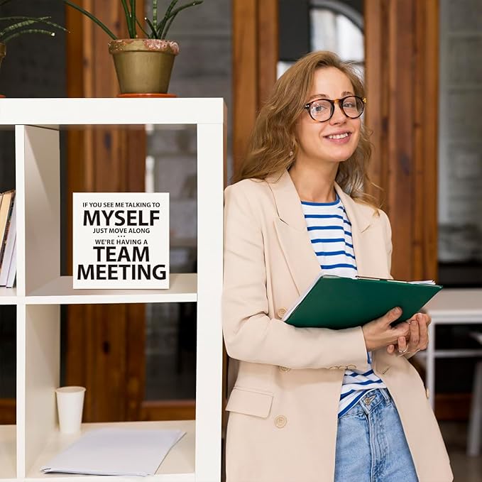 HR Approved Wooden Block Sign "If You See Me Talking to myself..." 5x5x1 INCH, Work From Home Humor Decor with Funny Message, Vintage Style Office Plaque for Desk or Wall
