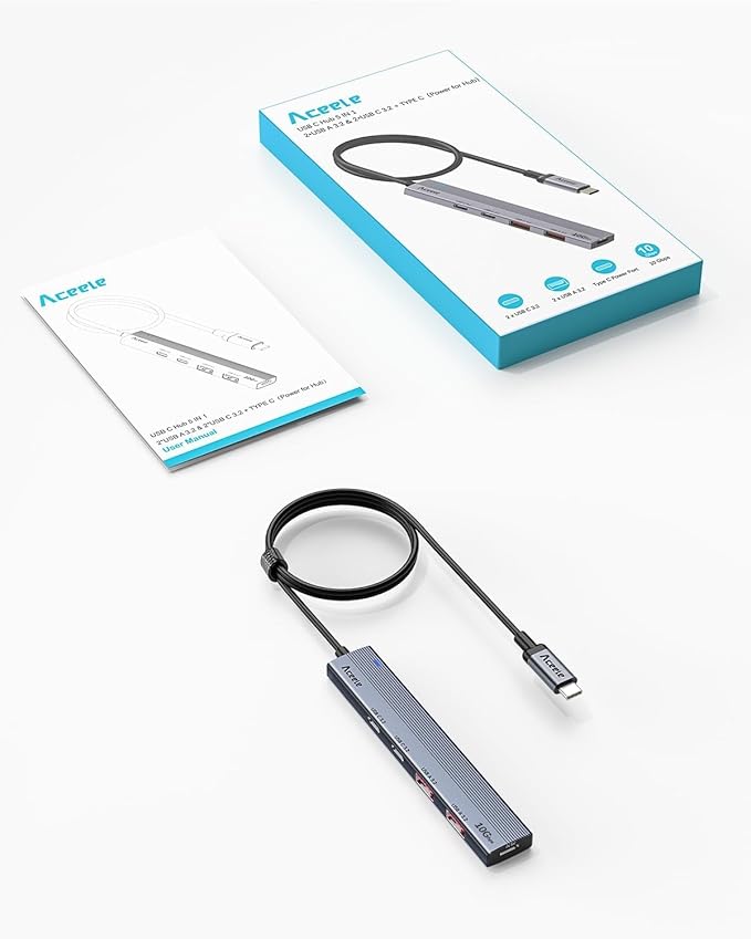 Aceele 10Gbps USB C Hub with 4 USB 3.2 Ports (2 USB A & 2 USB C), USB 3.2 Gen 2 3.3ft USB Cable Extender Hub with Type-C Power Port,Compatible for MacBook Pro 2021, iPad Pro 2021 and Other PC