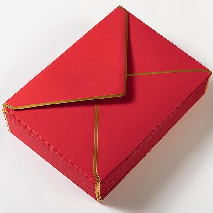 100 Pack Red A7 Envelopes 5 x 7 Card Envelopes with Gold Border for Office, Wedding Gift Cards, Invitations, Graduation, Baby Shower, Parties (5.32 x 7.28 Inches)