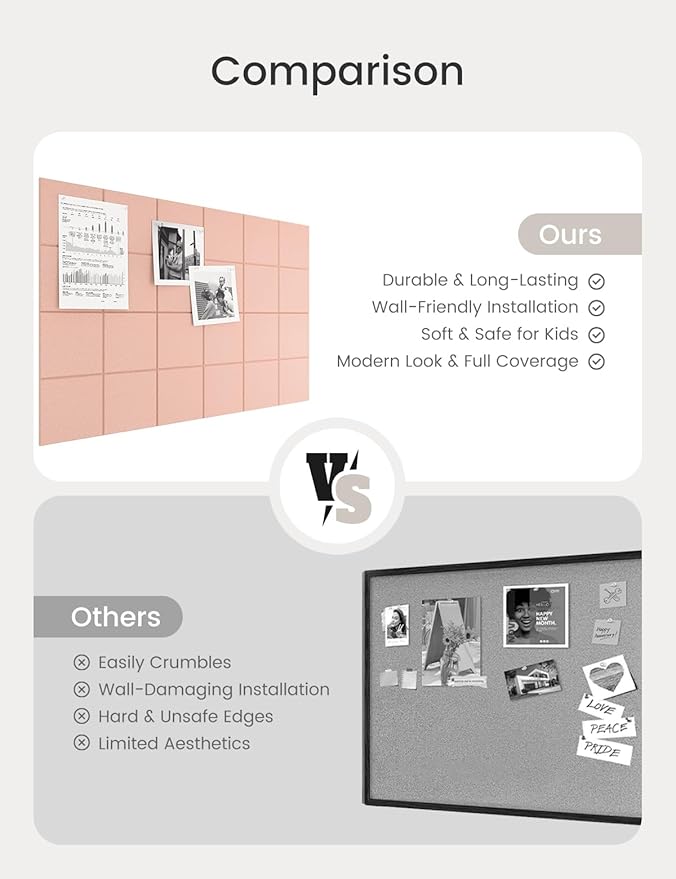 Bumusty Large Cork Board Alternative-36 x24 Felt Bulletin Board Tiles, with 30 Pushpins, 40 Adhesive Tabs, 6-Pack Slat Wall Paneling, Cork Boards for Office Push Pin Board Felt Board-Pink