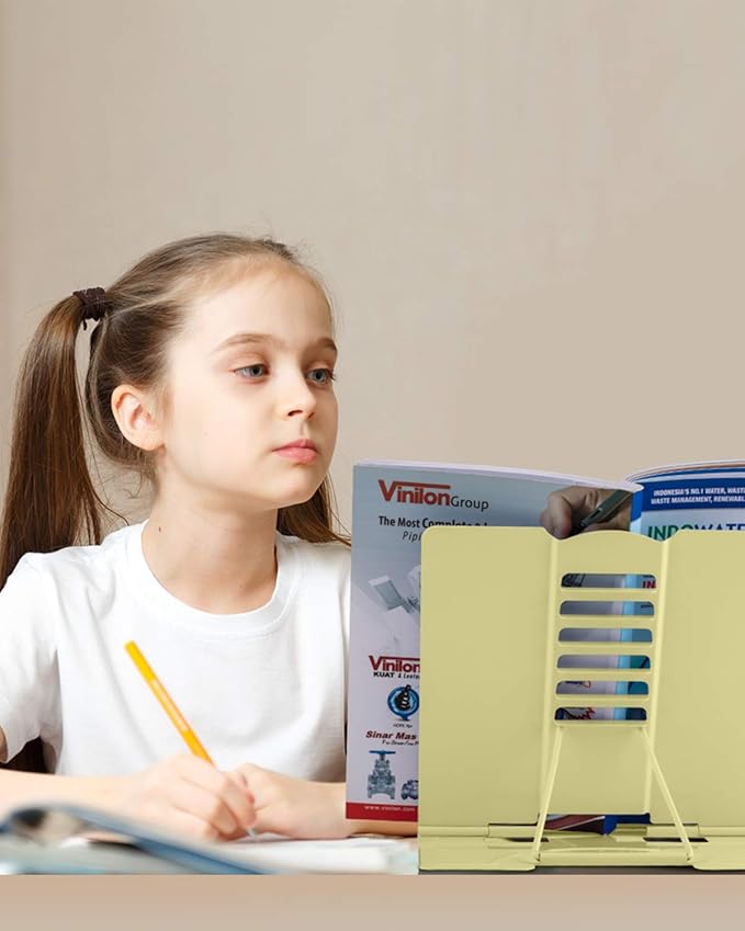 MSDADA Desk Book Stand Metal Reading Rest Book Holder Adjustable Cookbook Documents Holder Portable Sturdy Bookstands for Recipes Textbooks Tablet Music Books with Page Clips (Light Yellow)