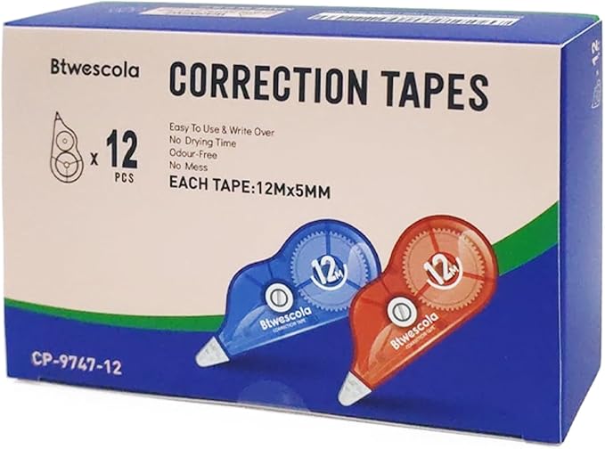Correction Tape, 39.37FT Gift Packed Tear-Resistant Correction Tape, Tape for School, Office, With Roller Adjuster (9747-12pcs)