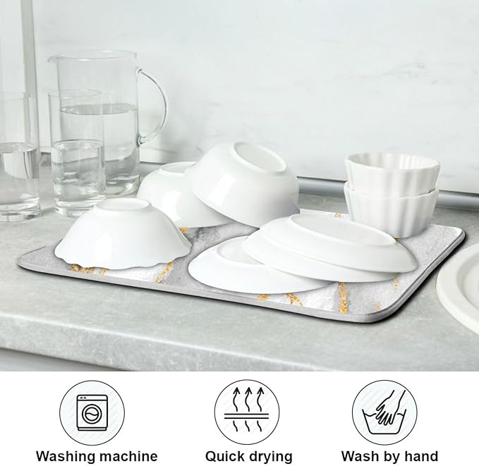 White Marble Dish Drying Mat for Kitchen Counter 18 x 24 Inch Gold Marbling Granite Absorbent Microfiber Dry Dishes Mats Drainer Mat Dish Drying Pad for Countertops