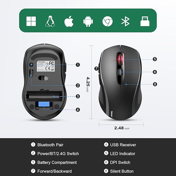 TECKNET Bluetooth Mouse, 4000DPI Silent Wireless Mouse for Laptop 2-in-1(BT5.0 & 2.4G) 5 Adjustable DPI, Compute Portable PC Mice with USB-A Receiver & 6 Buttons for Mac, 18 Months Battery