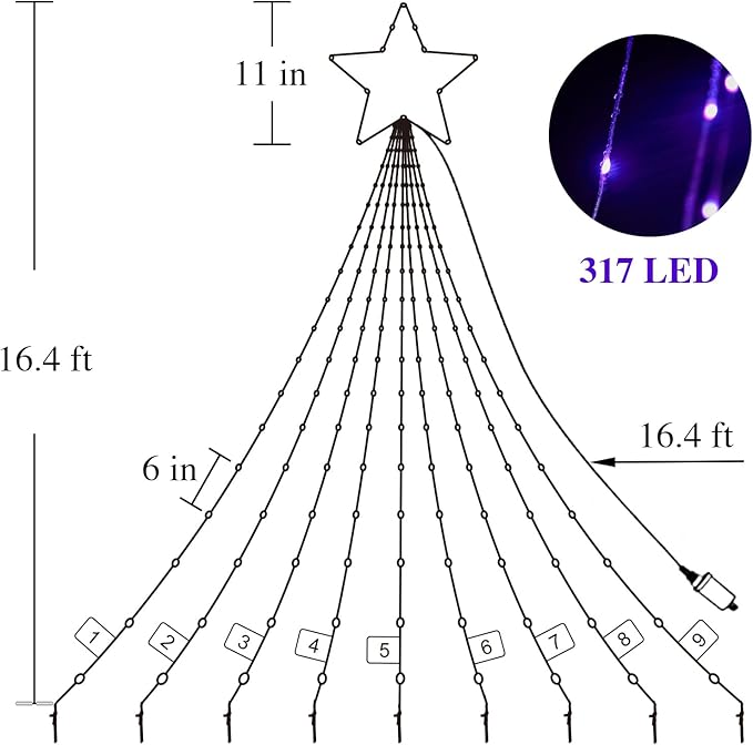 16.4 FT Christmas Decorations Outdoor Star String Lights,Smart APP Remote Control RGB Color Changing DIY 317 LED Waterfall Lights for Garden Yard Outdoor Xmas Decorations