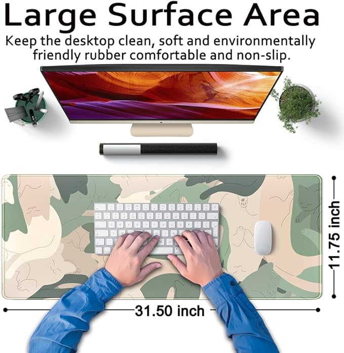 Green Simple Cat Desk Mat Sleeping Cute Long Cool Mouse Pad for Laptop Gaming Computer Keyboard Pad Office Decor Desk Pads Accessories On Top of Desks Office Supplies Mat (31.5x11.8In) Stitched Eges