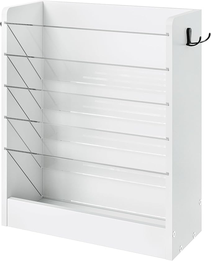 Wall File Holder, 6-Tier File Organizer, Office Supplies Storage Rack, Versatile Desktop Organizer, with Detachable Shelves, with Side Hooks, for Living Room, Study, Home Office, White MWJ02WB