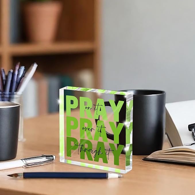 Ideal Christian Gifts for Women - Pray On It,Pray Over It - Bible Verse Desk Art, Inspirational Decor, Green Dorm Room Decor for Women, Desk Decorations for Office, 4 x 4 inches(Green)