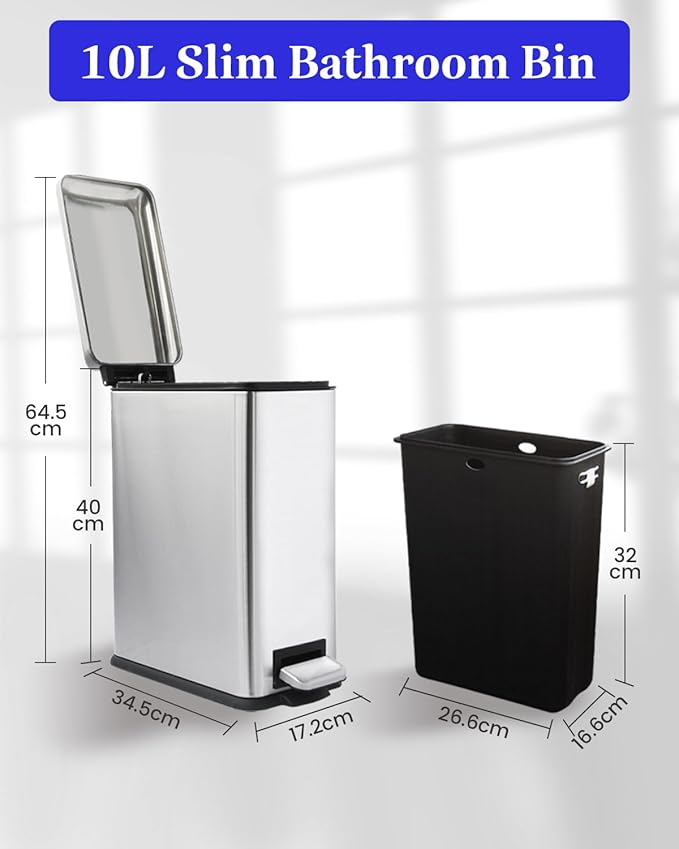 Rubbish Bin with Lid, 10 L, Stainless Steel Waste Bin, Bathroom, Pedal Bin, Stainless Steel for Bathroom, Bedroom and Office