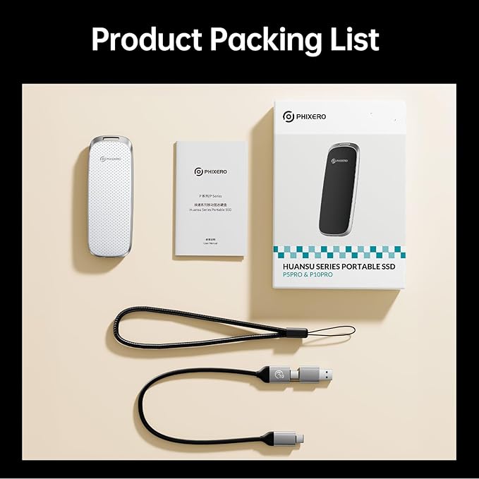 PHIXERO P10PRO External NVMe SSD 2TB, Up to 1050MB/s, USB 3.2 Gen2, Includes 2-in-1 USB C Cable, Portable Hard Drive for iPhone 15+/Android/Windows/Mac, White