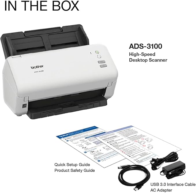 Brother ADS-3100 High-Speed Desktop Scanner | Compact with Scan Speeds of Up to 40ppm, White