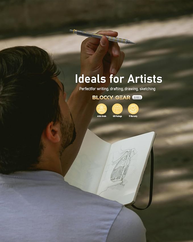 Nicpro Blocky Gear 0.9 mm Mechanical Pencils Set in Case, 3 Pack Metal Pencil 8 Tube with Lead Refills 0.9mm (HB 2B), 3 Erasers for Professional & Adult Art Writing Drafting Drawing