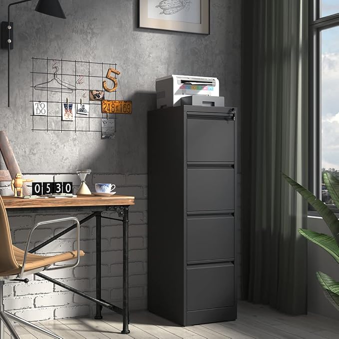 4 Drawer File Cabinet with Lock,Metal Filing Cabinets,Black Vertical File Cabinet for Home Office,Heavy Duty Metal Storage Cabinet for A4/Letter/Legal Size File,Assembly Required