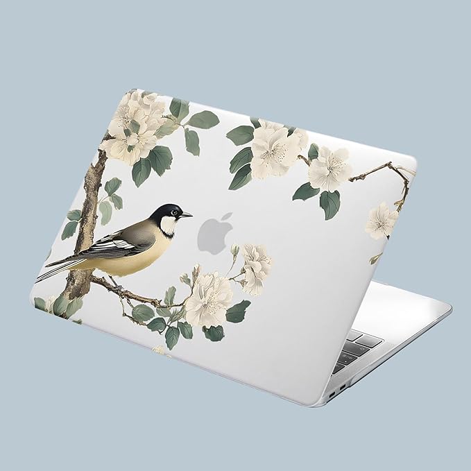 KEROM Bird Flower Case for MacBook Air 13 inch 2025 M4, 2024-2022 M3 M2 A3240 A3113 A2681, Cute Sleek Elegant Aesthetic Plastic Hard Shell & Keyboard Cover for MacBook Air 13.6 inch Case