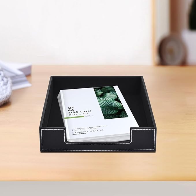 Leather Letter Tray, Office Supplies Desk Organizer for Mail Paper Files Magazines Jewelry Cosmetics,Luxury Letter Holder&Multipurpos Stackable Office Desktop Storage Box,Black