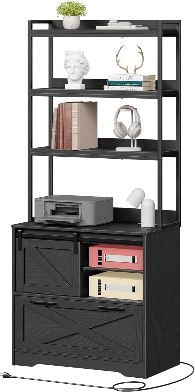 File Cabinet with Charging Station, Vertical Filing Cabinet with Shelves, Black File Cabinet for Home Office, Printer Stand with Open Storage Shelves & Barn Doors, Fits A4/Letter Files