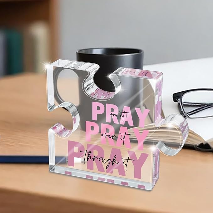 Religious Plaques Christian Woman Decor Gifts - Pray on it Pray over it -Puzzle Acrylic Sign - Pink Office Desk Accessories Decor Sign, Pink Dorm Room for Women - Long Distance Gifts (puzzle)