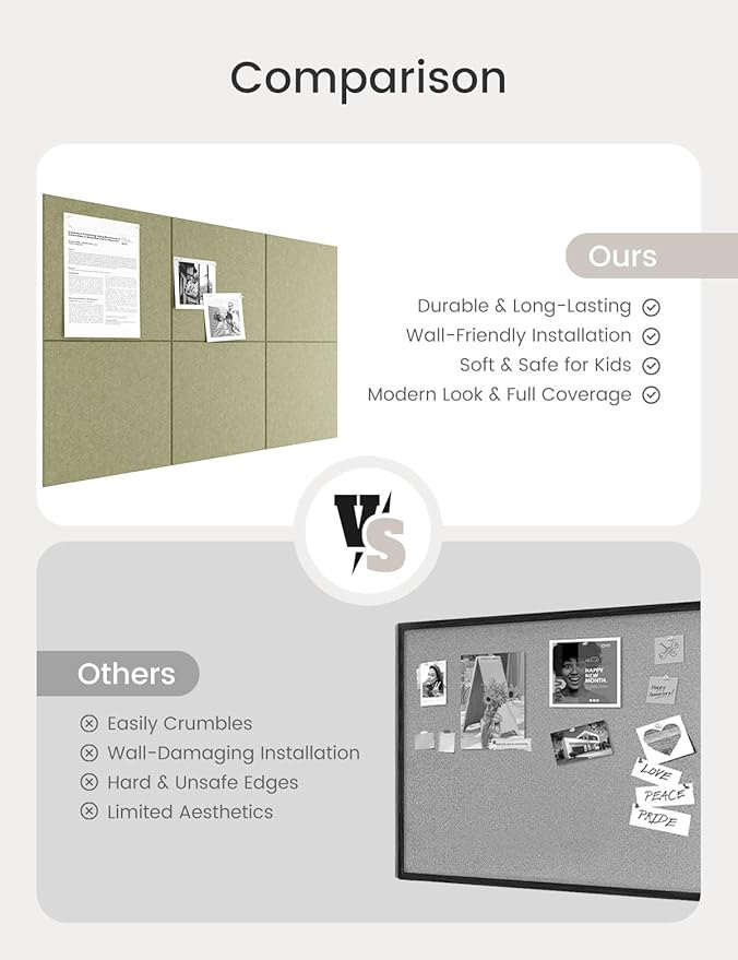 Bumusty Large Cork Board 36"x24" Alternative - 6 Pack Felt Wall Tiles with 40 Safe Removable Adhesive Tabs, 30 Pushpins, Cork Boards for Walls Pin Board Bulletin Board Office Decor (Olive Green)