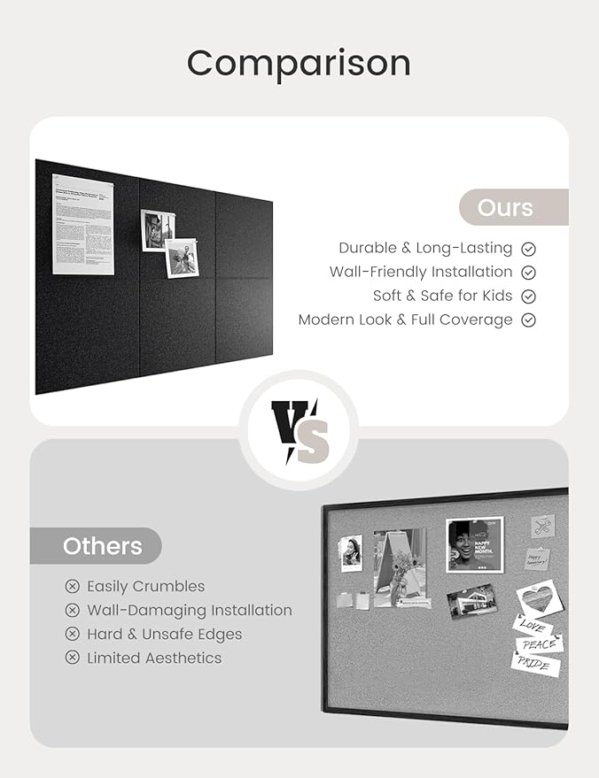 Bumusty Large Cork Board 36"x24" Alternative - 6 Pack Felt Wall Tiles with 40 Safe Removable Adhesive Tabs, 30 Pushpins, Cork Boards for Walls Pin Board Bulletin Board Office Decor (Black)