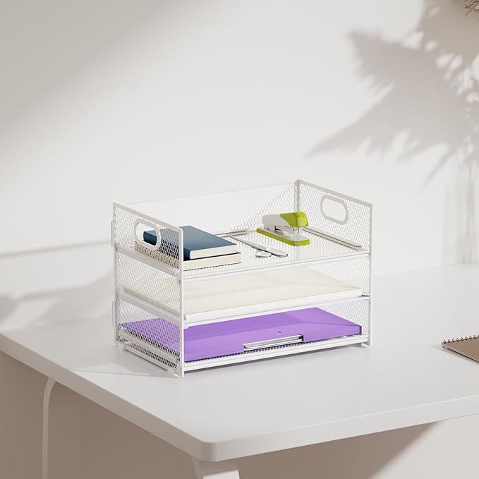 Marbrasse 3 Tier Paper Organizer Letter Tray, Mesh File Organizer with Handle, Paper Sorter Desk Organizer for Home Office Supplies - 2p Pink