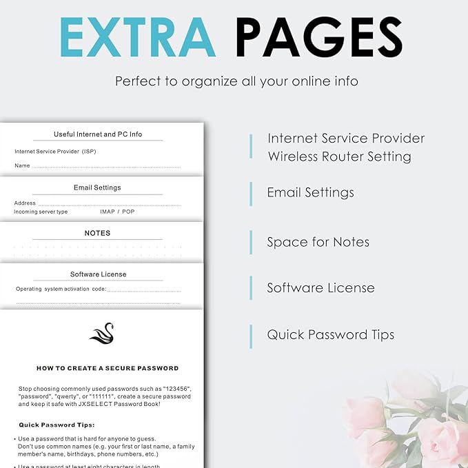 Elegant Password Book with Alphabetical Tabs - Hardcover Password Book for Internet Website Address Login - 5.2" x 7.6" Password Keeper and Organizer w/Notes Section & Back Pocket (Black)