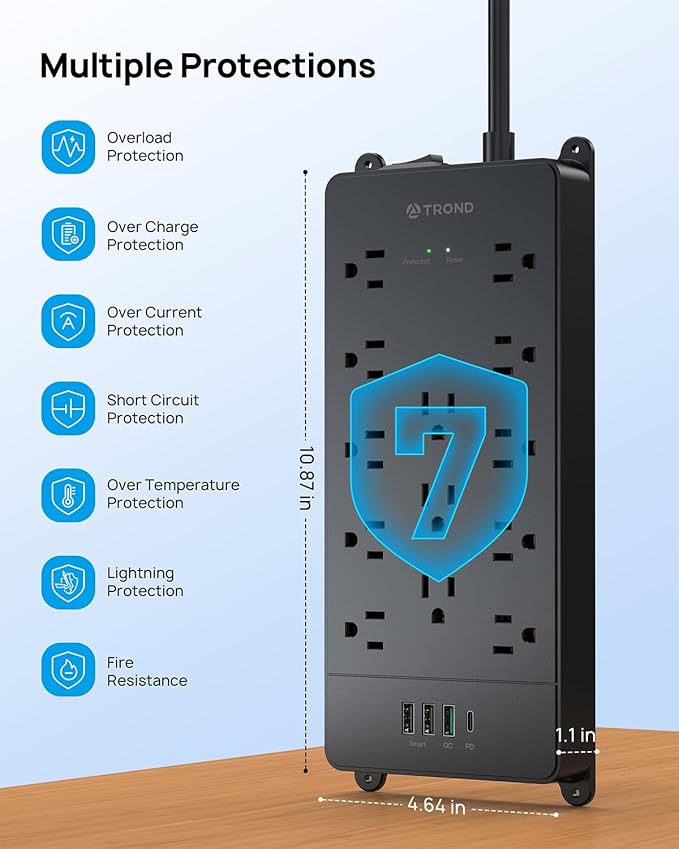 TROND Surge Protector Power Strip 15 ft, Flat Plug Extension Cord with 32W USB C & QC 3.0 Charger, 4000 Joules, ETL Listed, 13 Wide Spaced Outlets, Heavy Duty, Wall Mount for Home Office, Black