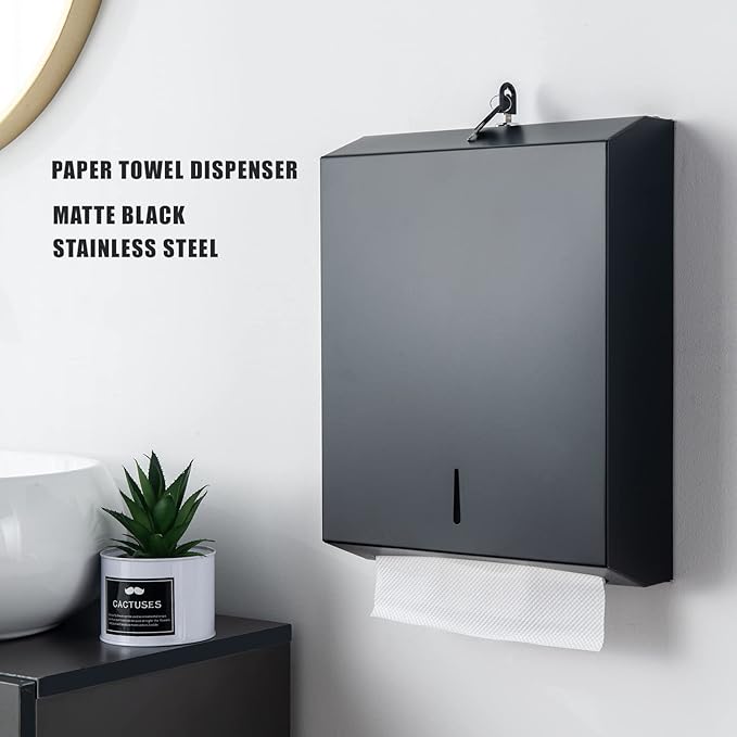 Paper Towel Dispenser Wall Mount Commercial c fold Multifold Trifold, Touchless Hand Towel Dispenser with Lock, (Matte Black)