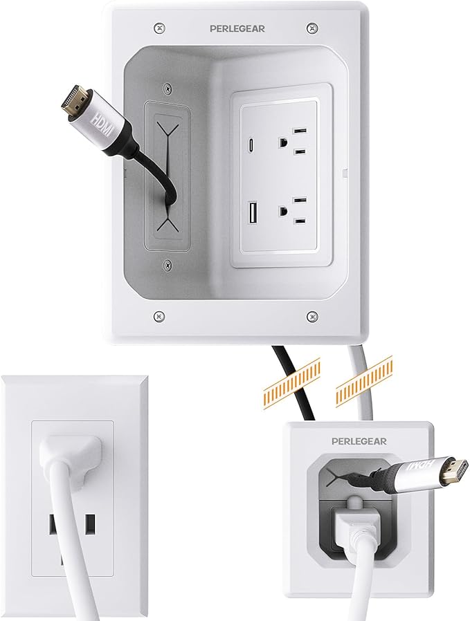 Perlegear Cord Hider for Wall Mount TV with AC Outlets, USB-A and USB-C Ports, in-Wall Cable Management Kit, Includes Drill Templates, Dust Bags, Drywall Saw, Extension Cord