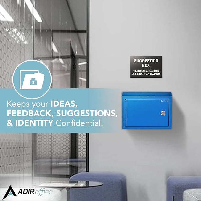 Adir Corp Suggestion Box with Slot and Lock - Drop Box with Lock, Cash Dropbox - 9.8x7.5x3.4 Inches Wall Mount Donation Box - Metal Deposit Box (Blue)