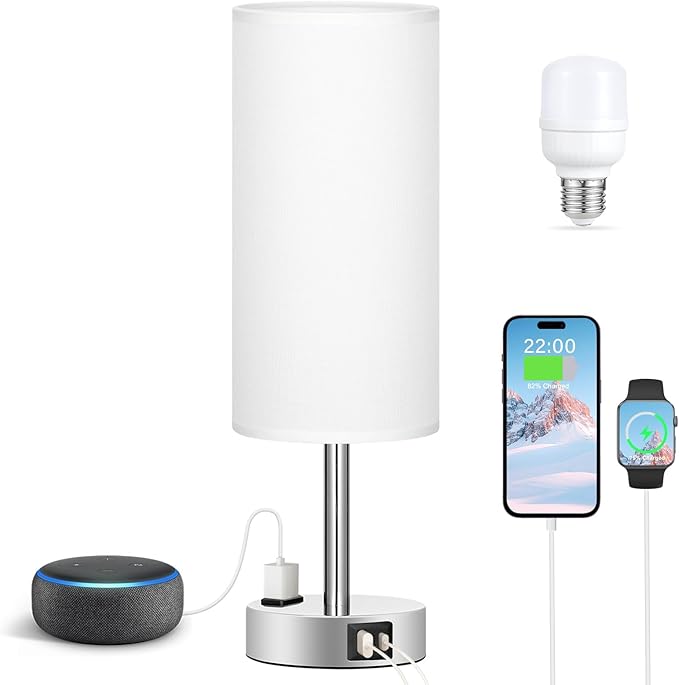 Fenmzee White Touch Bedroom Table Lamp - 3 Way Dimmable Bedside Lamp USB C A Charging Ports and AC Outlet, Small Lamp Nightstand with Silver Base for Living Room, Office Desk, LED Bulb Included