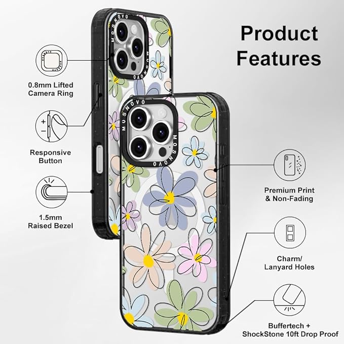 MOSNOVO Magnetic Case for iPhone 16 Pro, 10ft Military-Grade Protection, Compatible with Magsafe, Shockproof Phone Case for iPhone 16 Pro - Linear Blooms - Clear Black