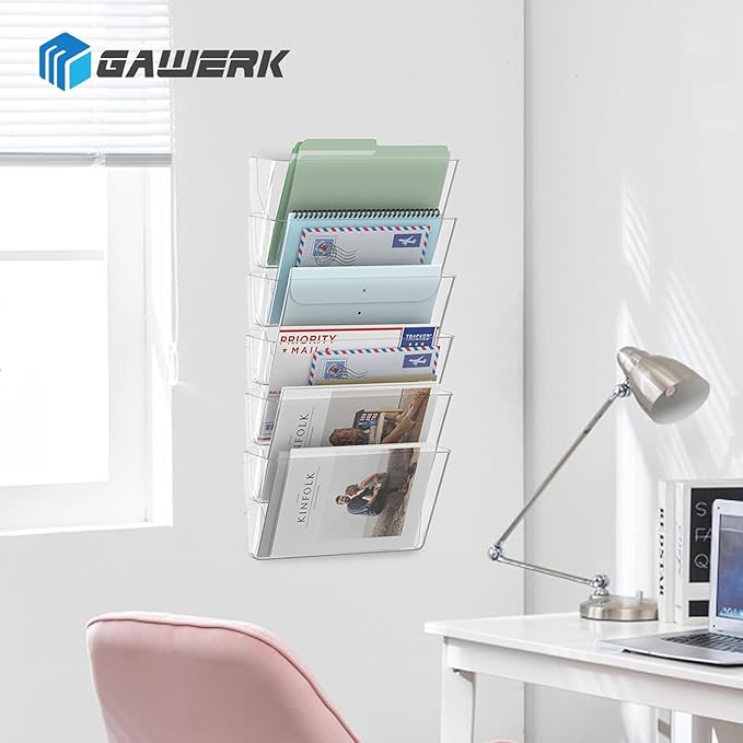 6 Pack Clear Acrylic Single Pocket, Plastic Hanging Wall Mount File Holder for Office Home, Clear