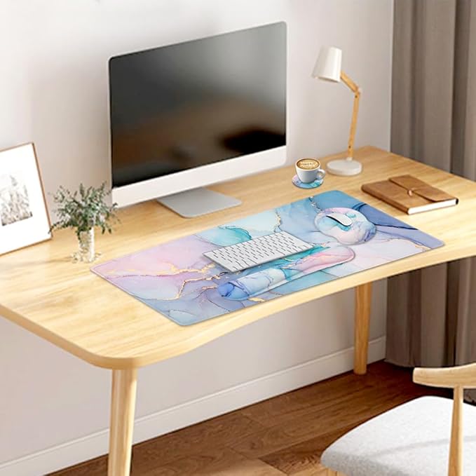 4-in-1 Gaming Mouse Pad Wrist Support Set,Desk Pad + Mouse Pad with Wrist Rest + Keyboard Wrist Rest + Coaster, Ergonomic Design for Home Office Study Game - Blue Marble