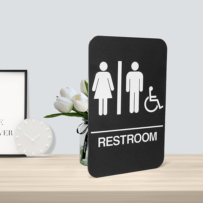 Self-Adhesive Business Restroom Sign,ADA Compliant Braille Unisex Bathroom Sign,Public Restroom Sign,Size: 9" X 6"(Unisex Handicap).